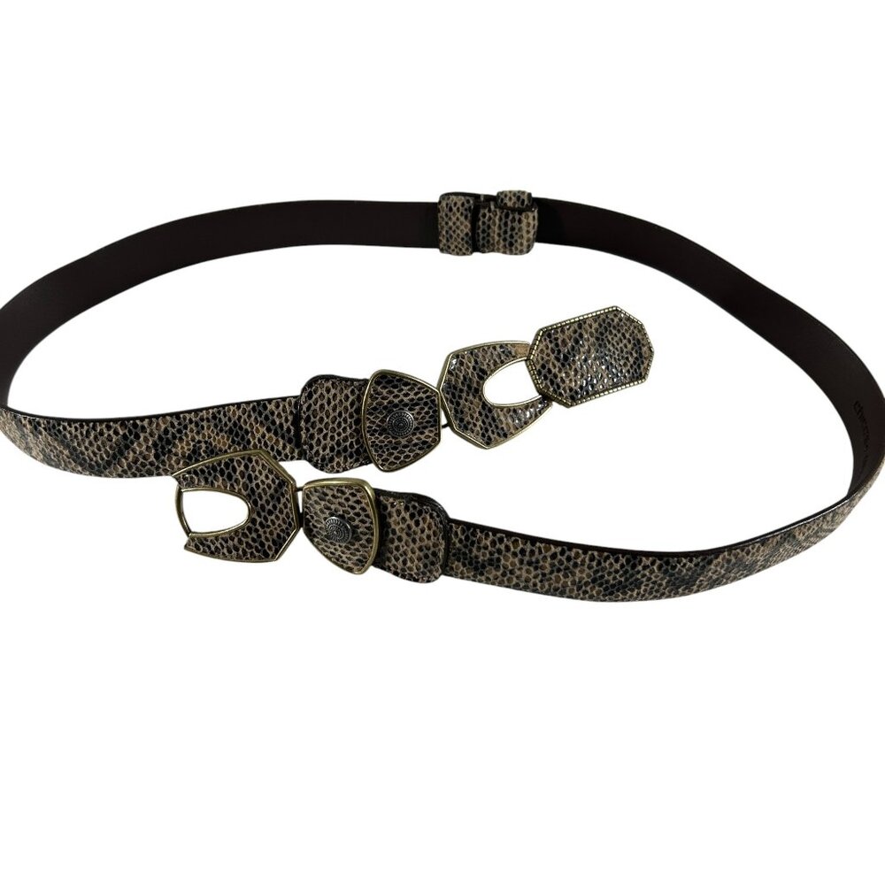 Chicos Leather Snake Print Belt M/L Brown Brass Geometric Buckle Adjustable